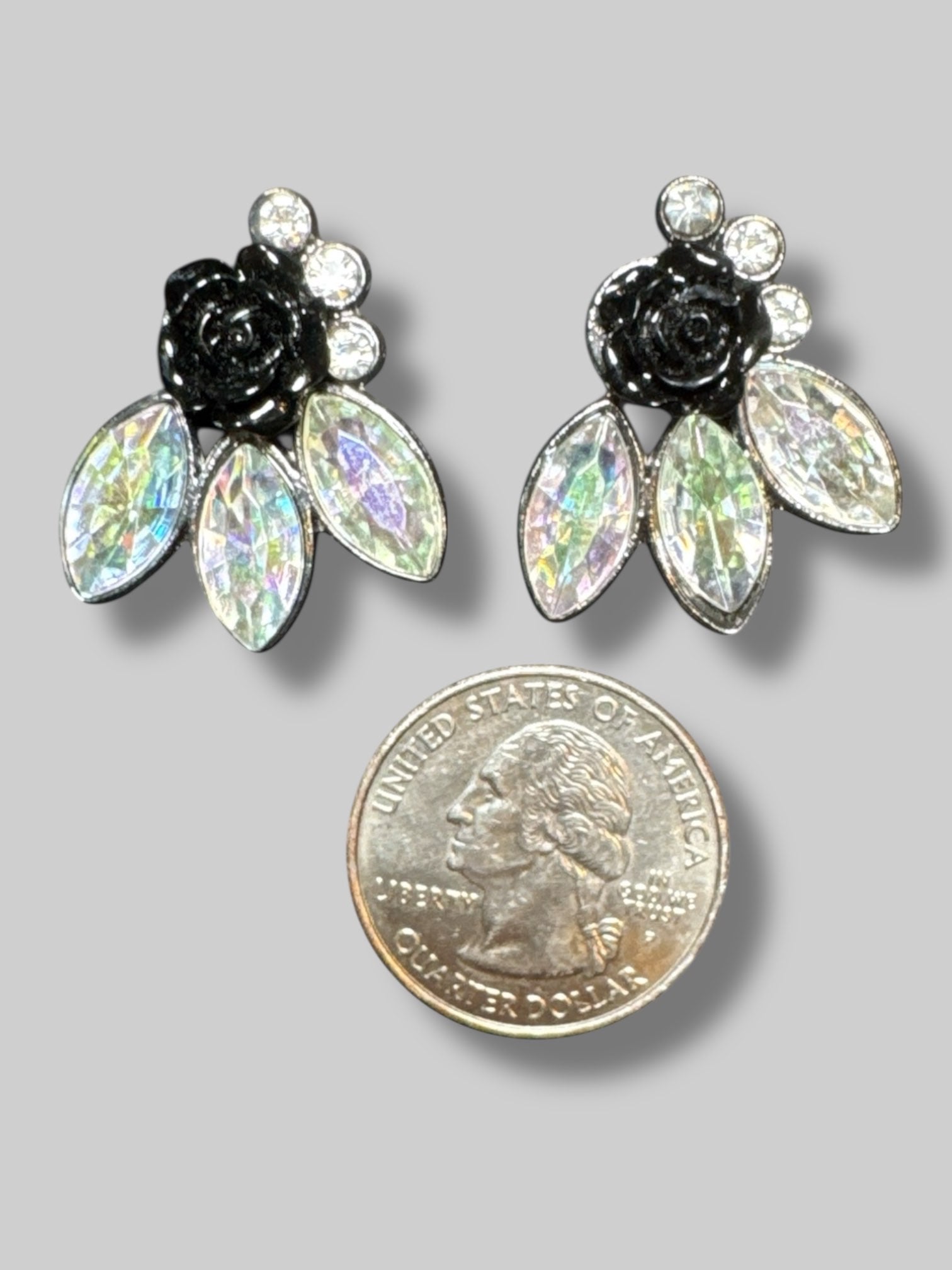 Black rose and rhinestone earrings