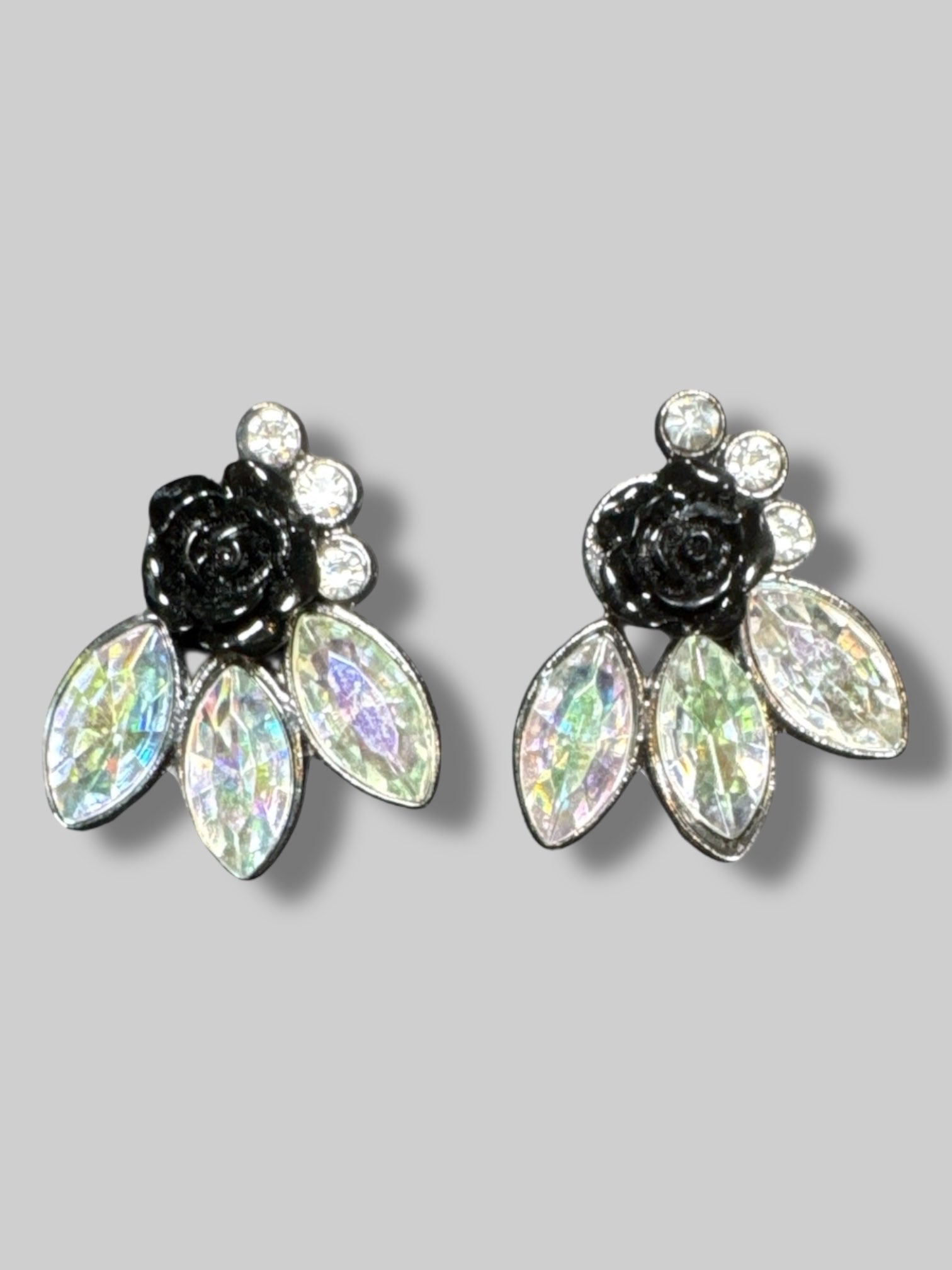 Black rose and rhinestone earrings