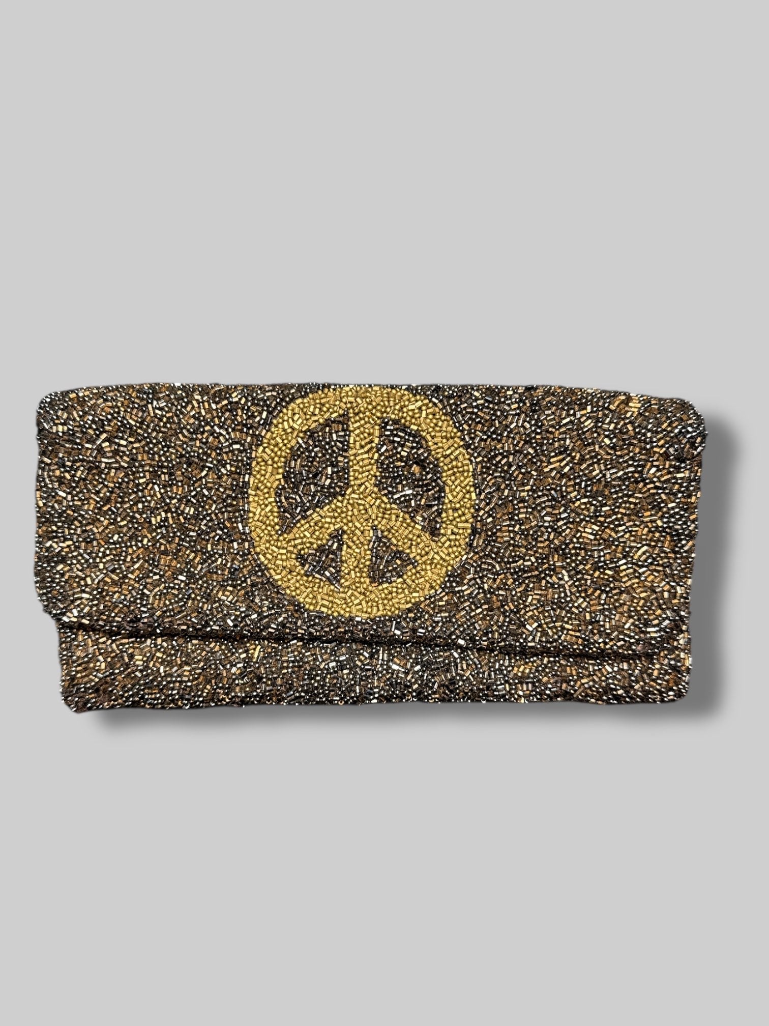 8” by 3” brown and black beaded purse with peace sign