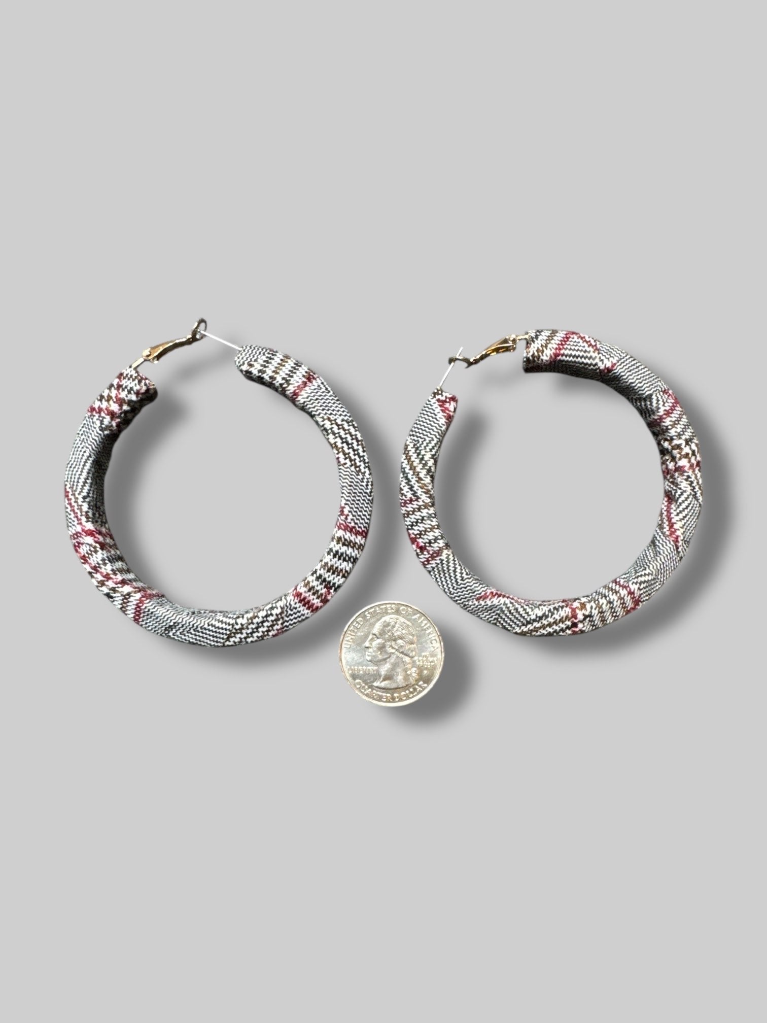 Black, red and gray plaid hoop earrings