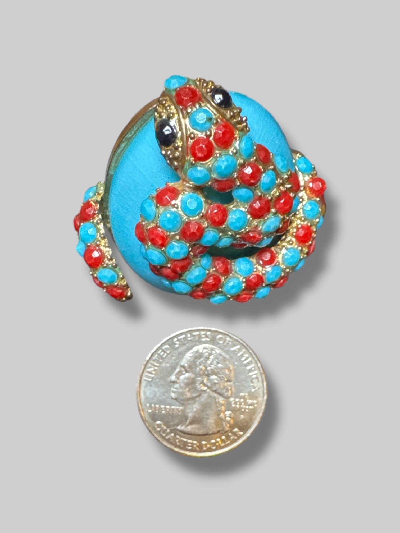 Size 7 blue statement ring with blue and red rhinestone snake