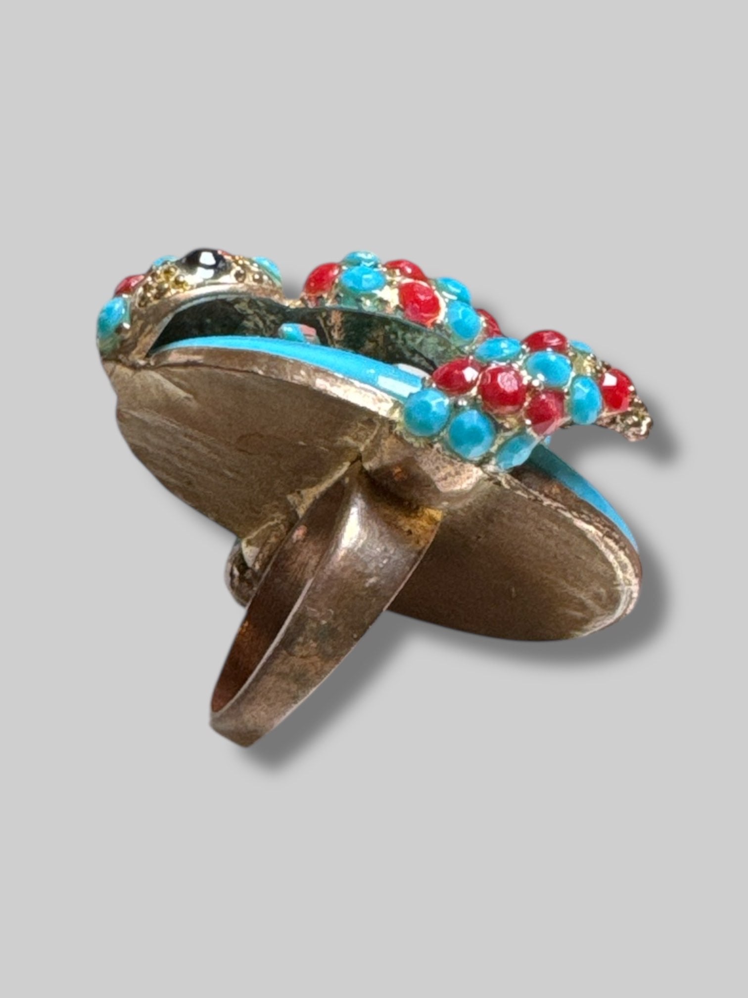 Size 7 blue statement ring with blue and red rhinestone snake