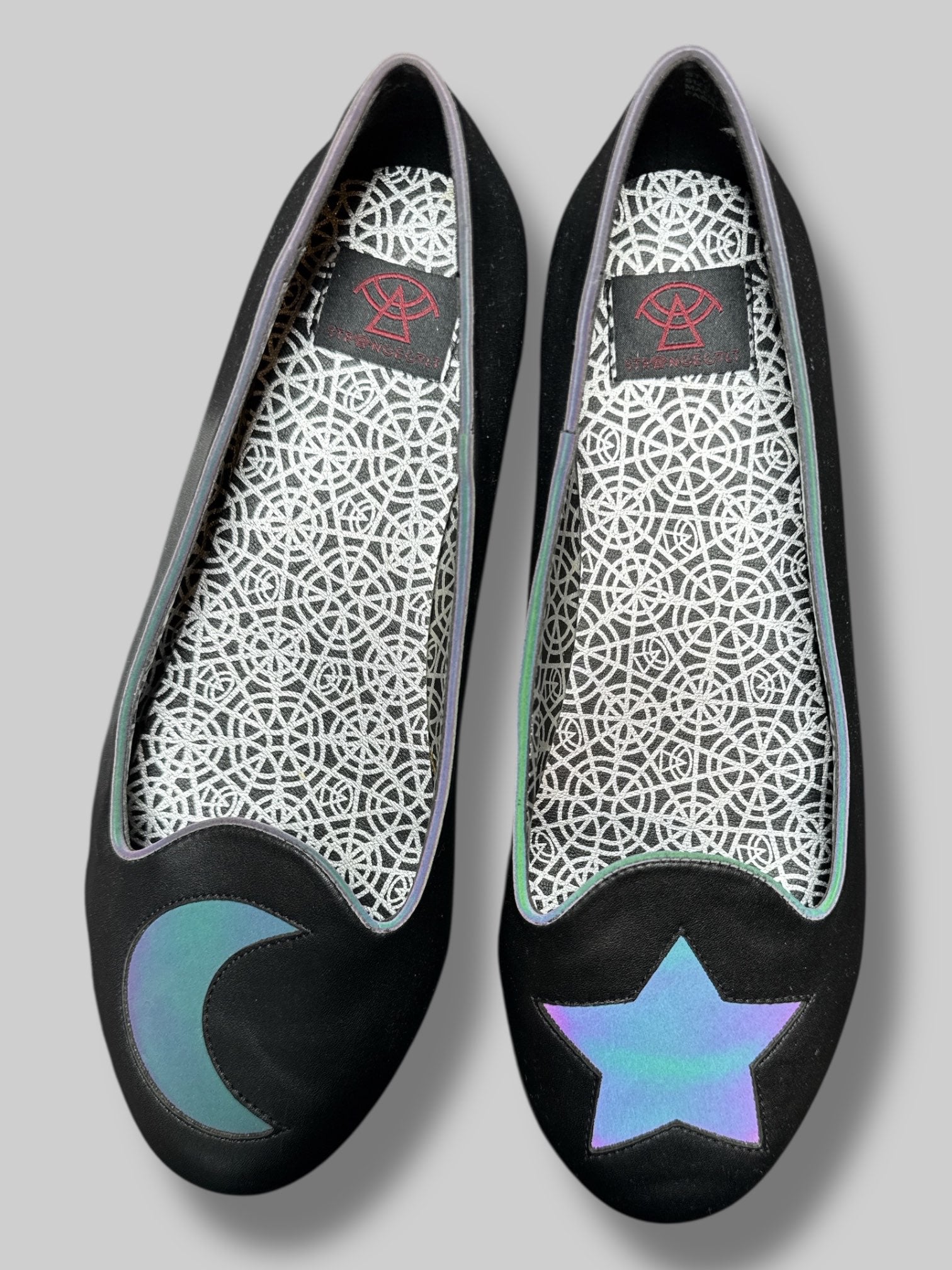 Size 11 Strangecvlt black holographic moon and star flats