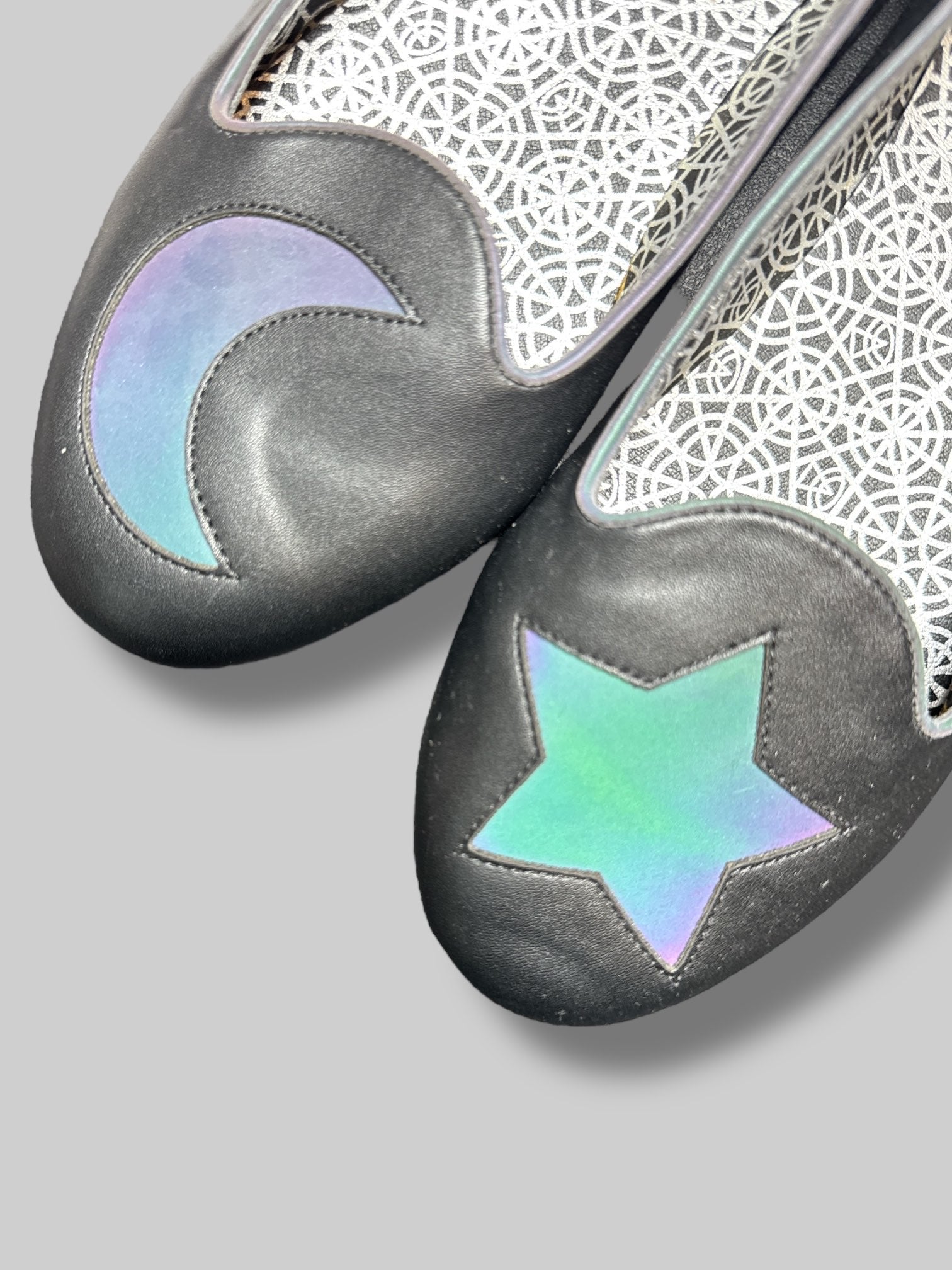 Size 11 Strangecvlt black holographic moon and star flats