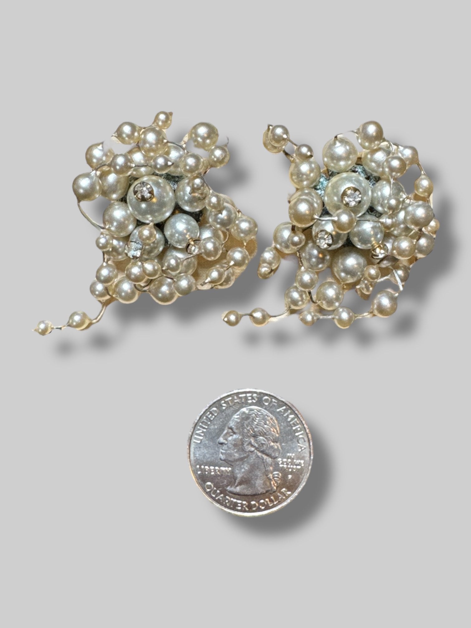 Vintage white and silver beaded clip on earrings