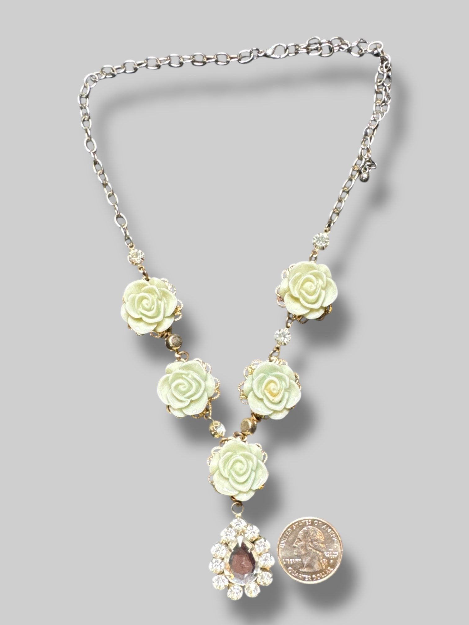 Teal rose and rhinestone statement necklace
