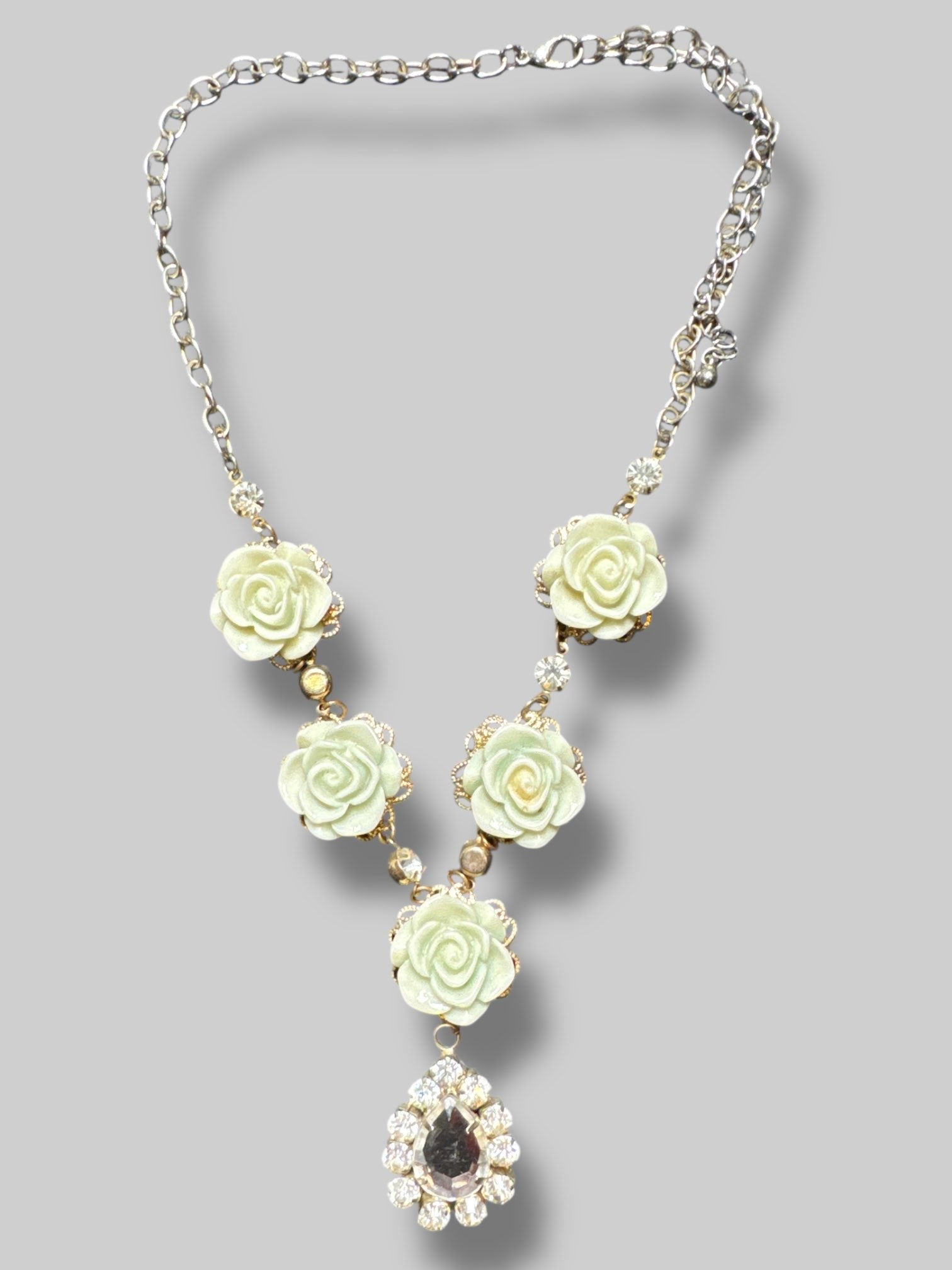 Teal rose and rhinestone statement necklace