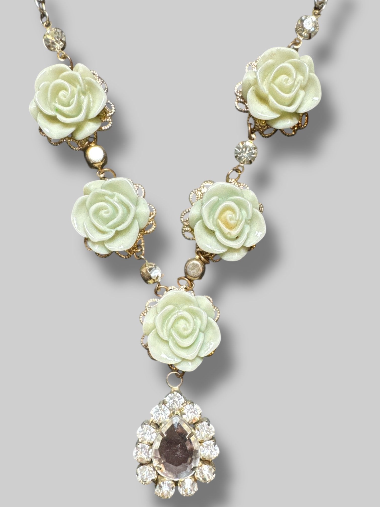 Teal rose and rhinestone statement necklace