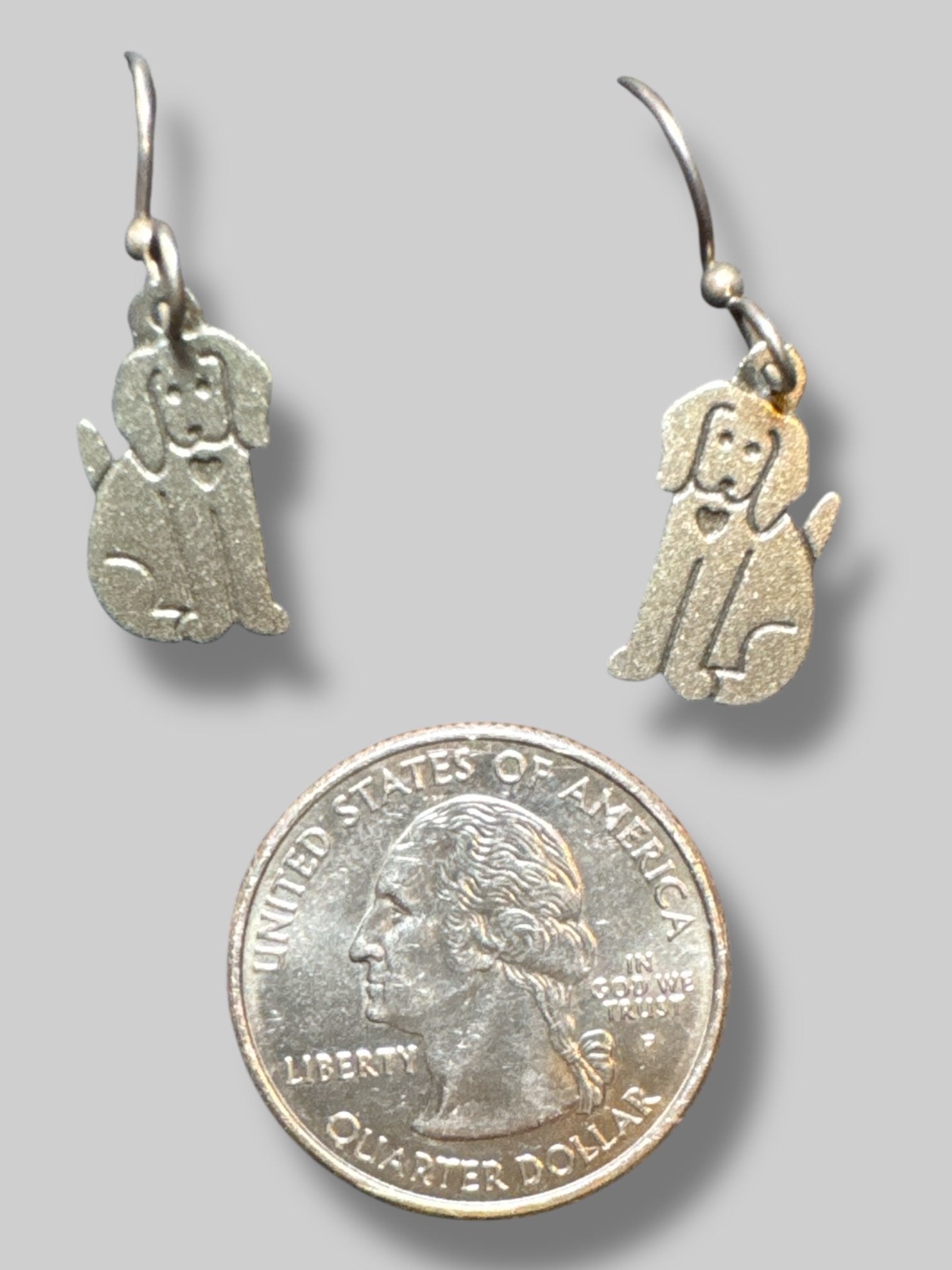 Silver tone dog with little heart earrings