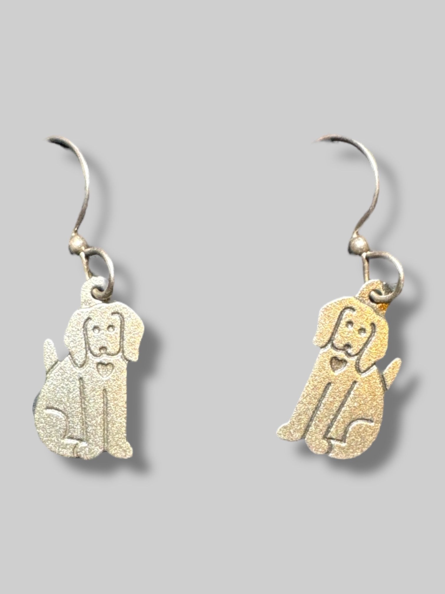 Silver tone dog with little heart earrings