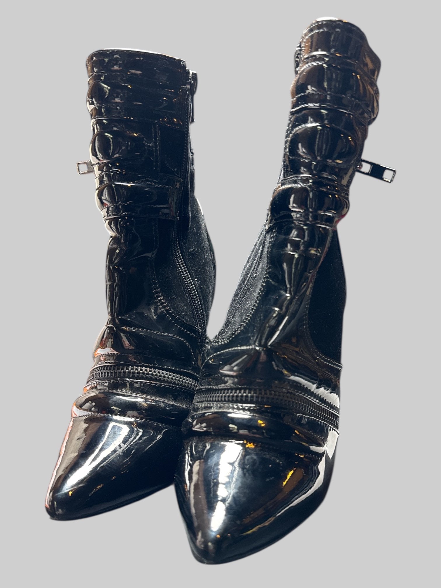 Size 6 4in heel black suede and vinyl boots with zippers