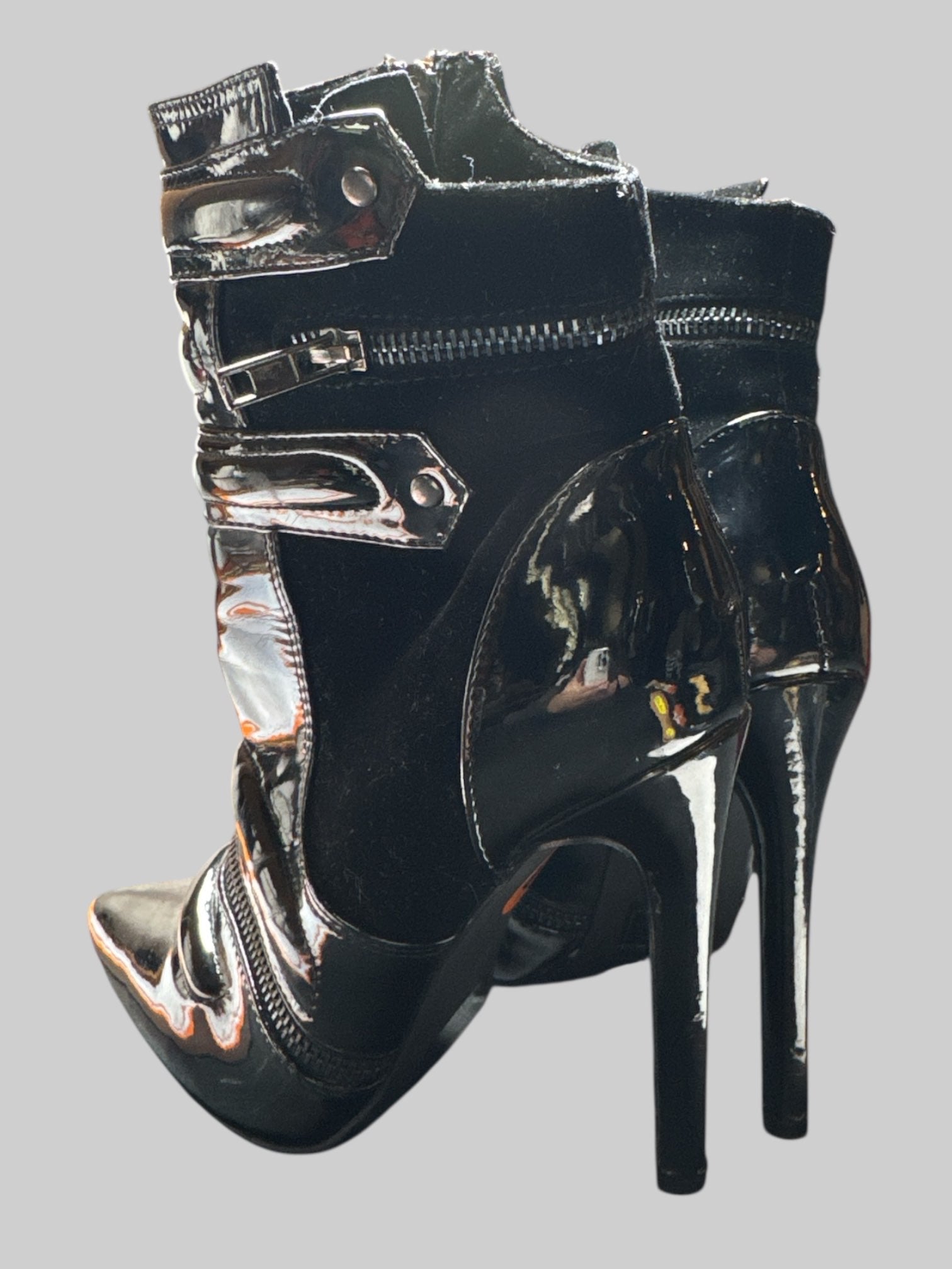 Size 6 4in heel black suede and vinyl boots with zippers