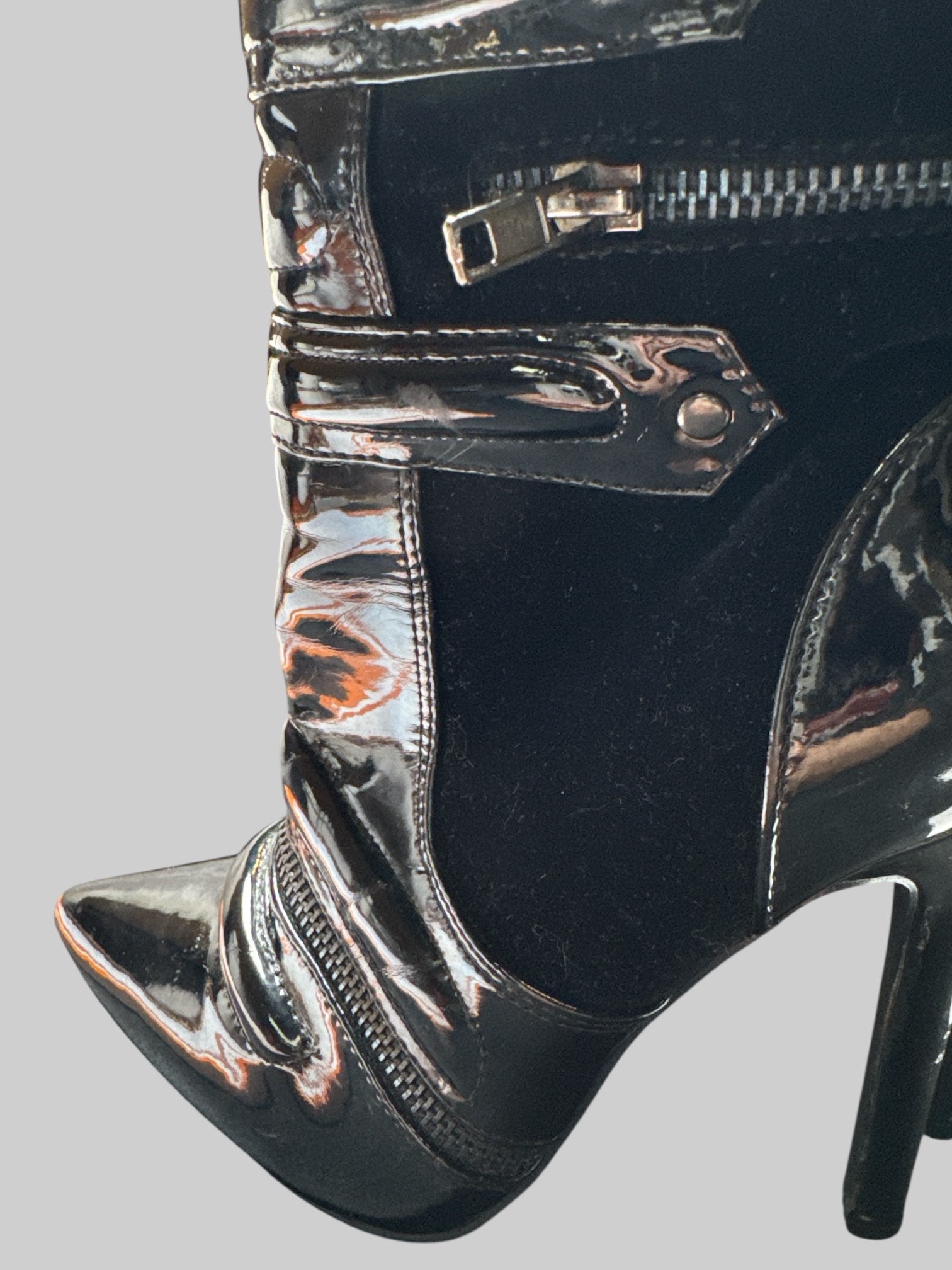 Size 6 4in heel black suede and vinyl boots with zippers