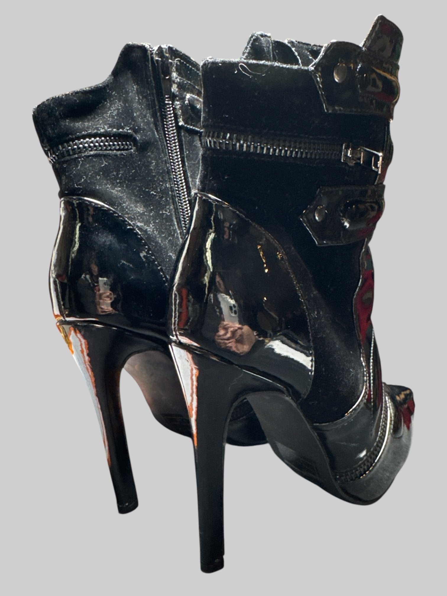 Size 6 4in heel black suede and vinyl boots with zippers