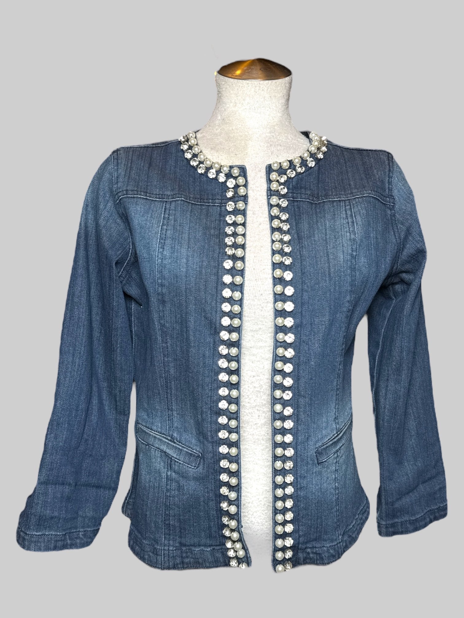 S Vintage Jean jacket with rhinestones, faux pearls, and clasps