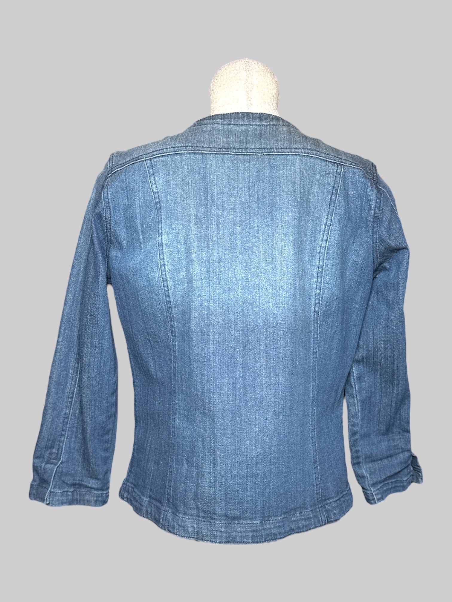 S Vintage Jean jacket with rhinestones, faux pearls, and clasps