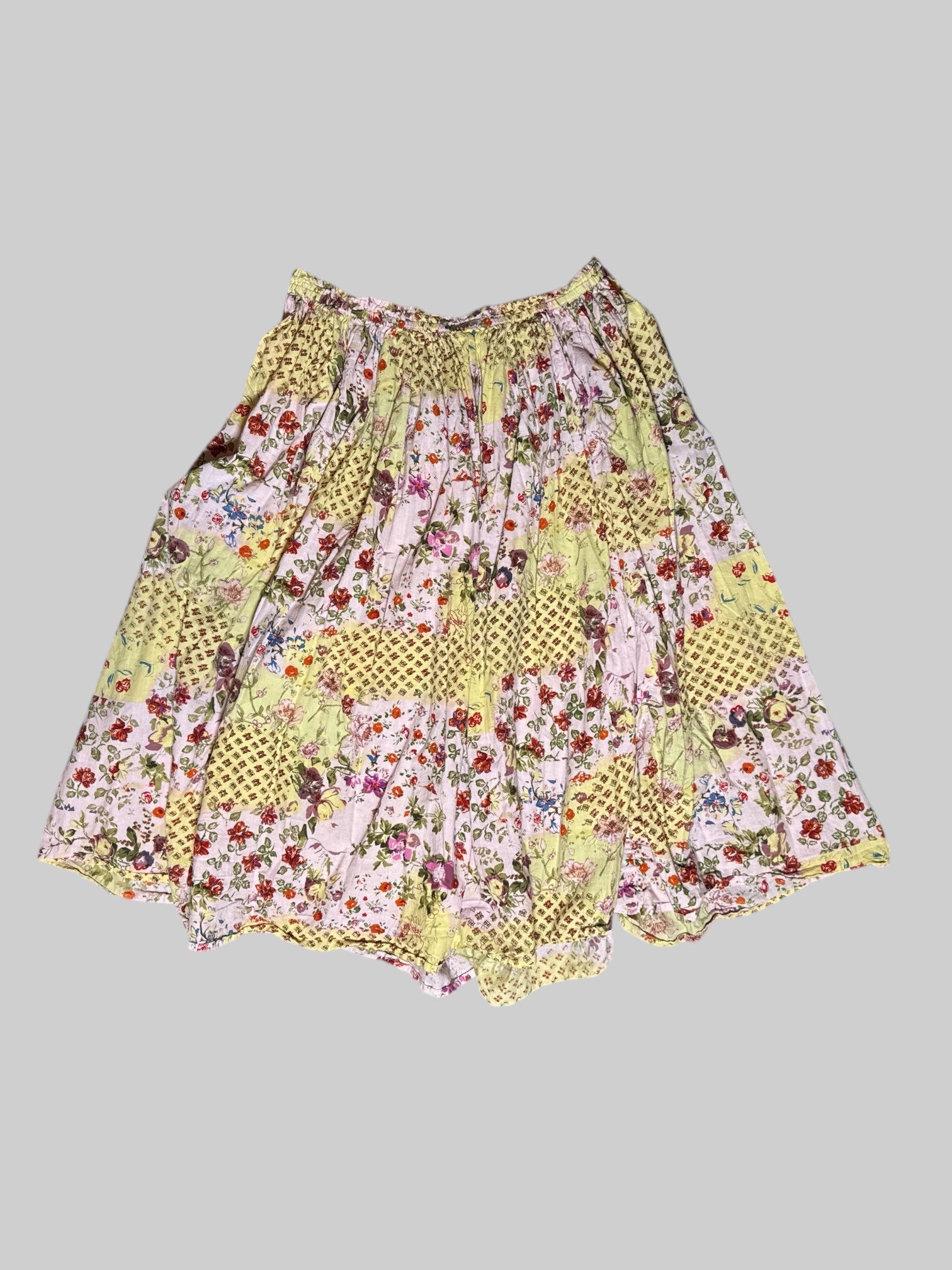 2X Vintage yellow and pink multi pattern skirt with elastic waistband