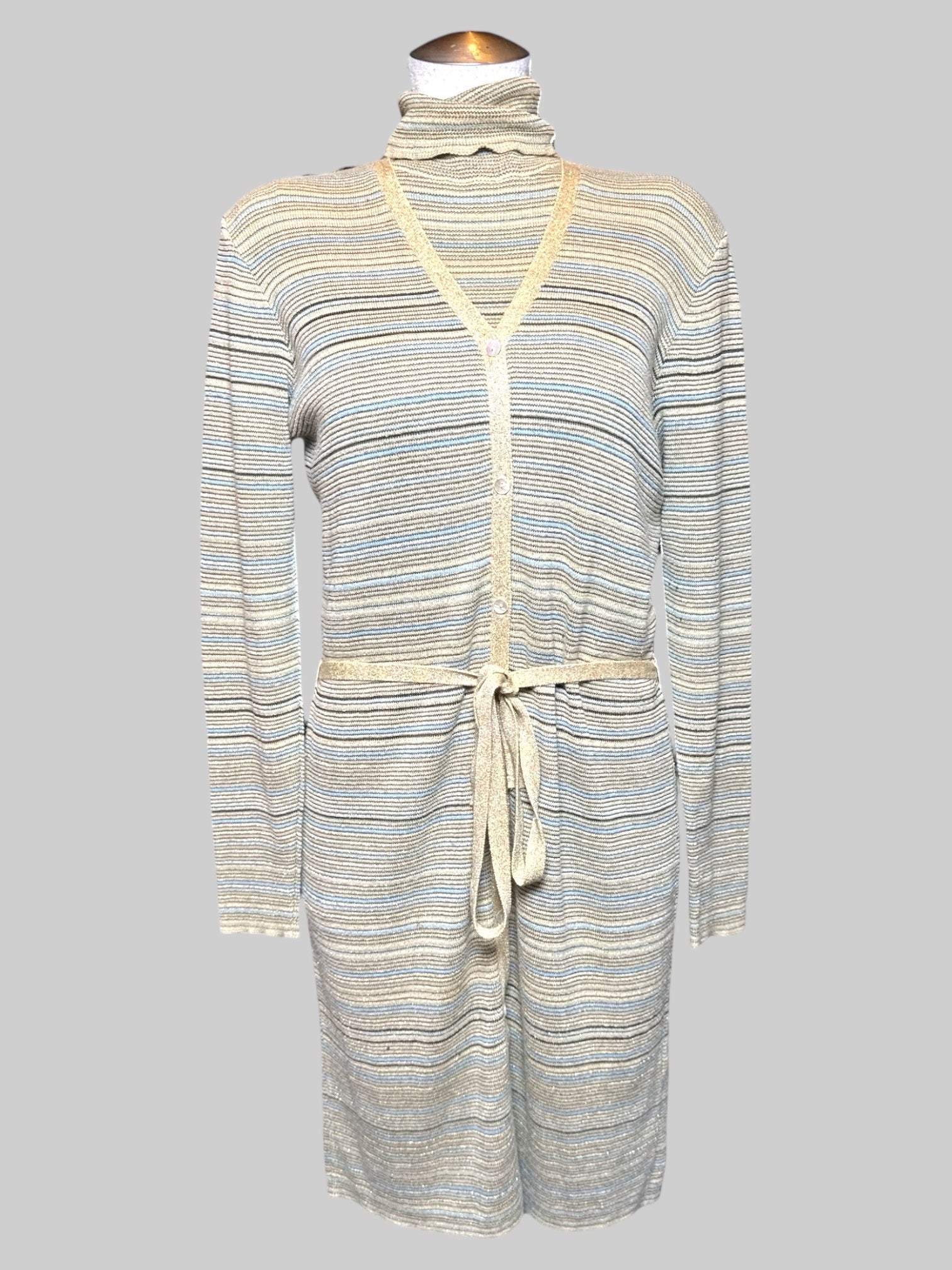 XL Casual Corner Vintage 2 Piece Set with Cardigan Dress and Turtleneck Sleeveless Top with Blue, Black, Tan, and Silver Metallic Stripes and Tie Belt