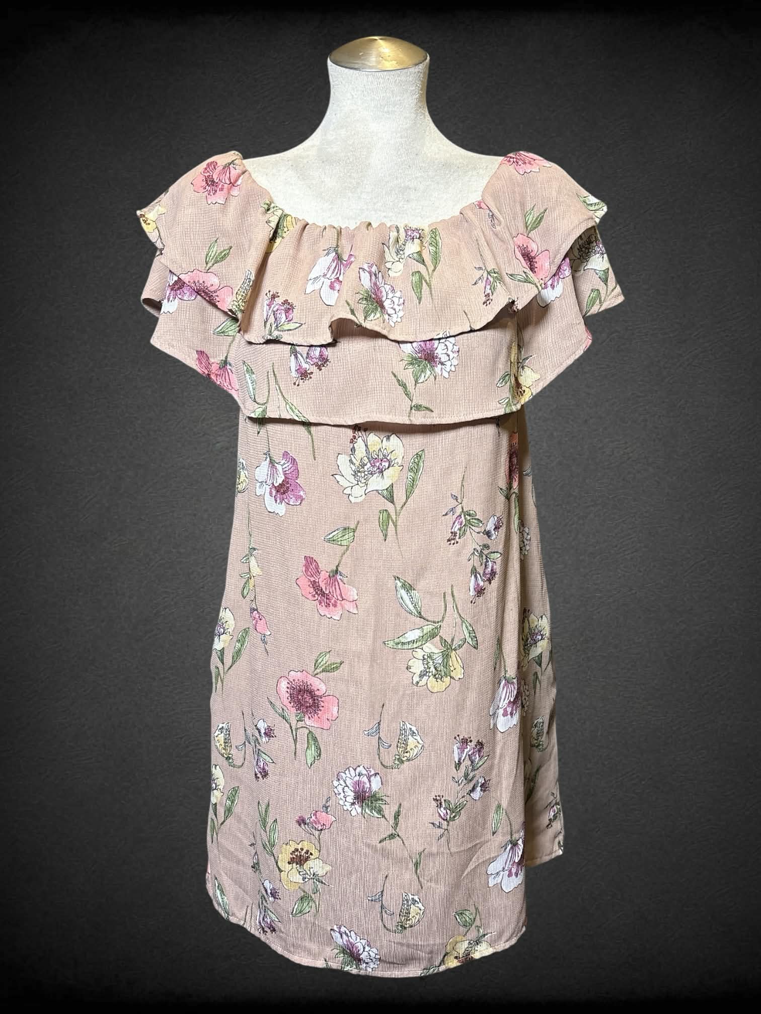 L Altar’d State dusty pink short sleeve dress with off the shoulder layered neckline, and floral Design