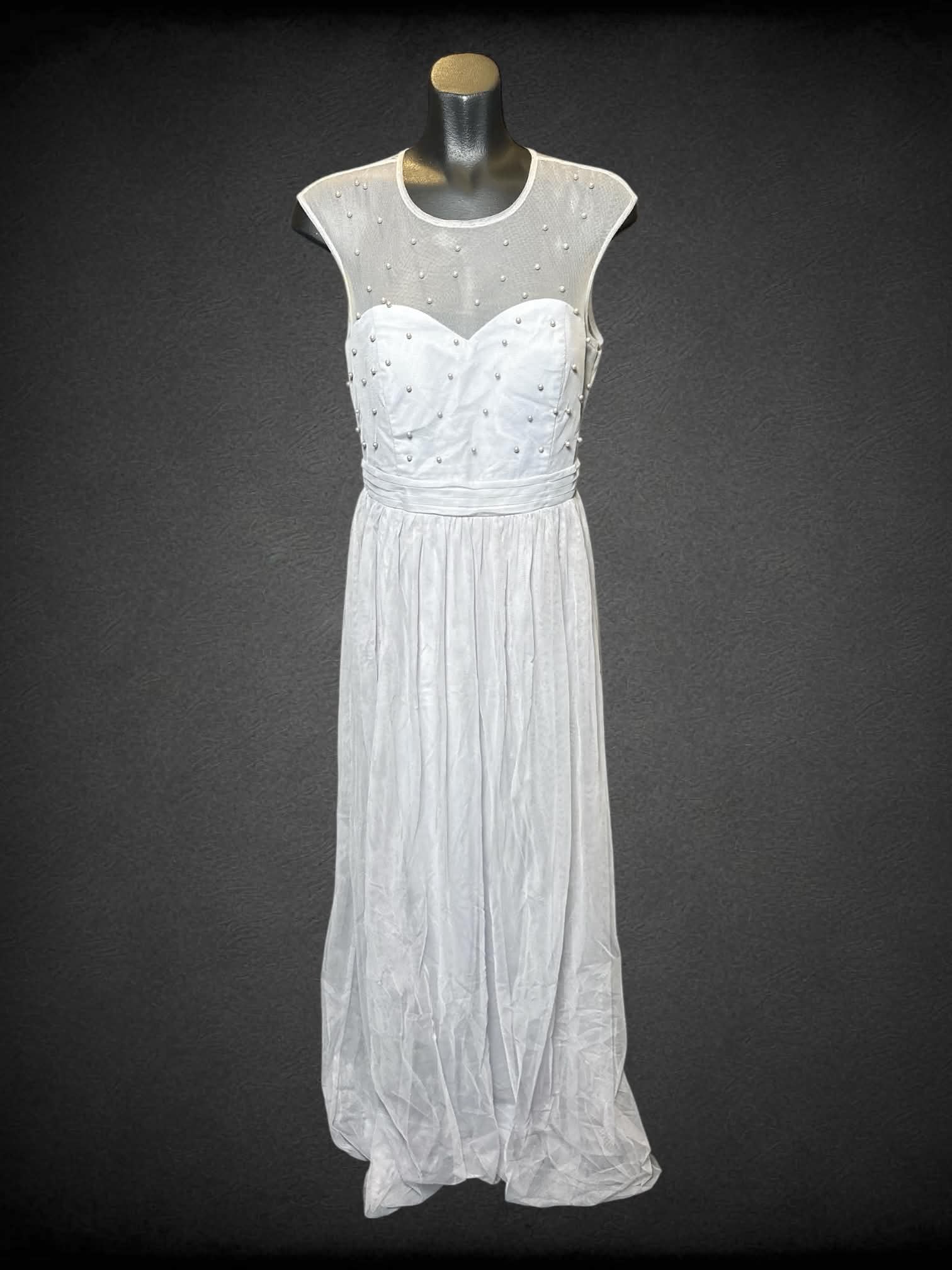 M Little Mistress grey sleeveless dress with mesh beaded overlay, keyhole/bedazzled button on back, and zipper on back