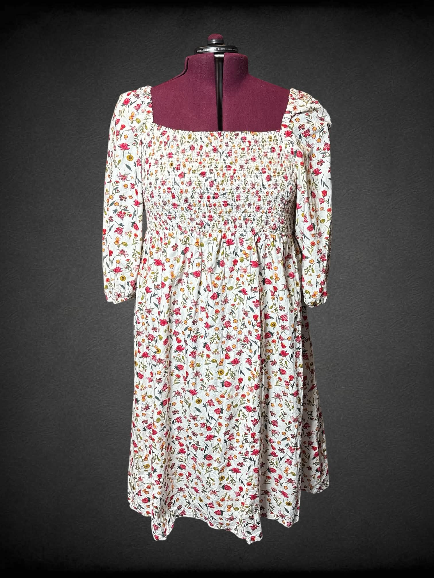 2X J. Crew white half-sleeve sundress with shirred top, and red floral   Witch Bitch Thrift