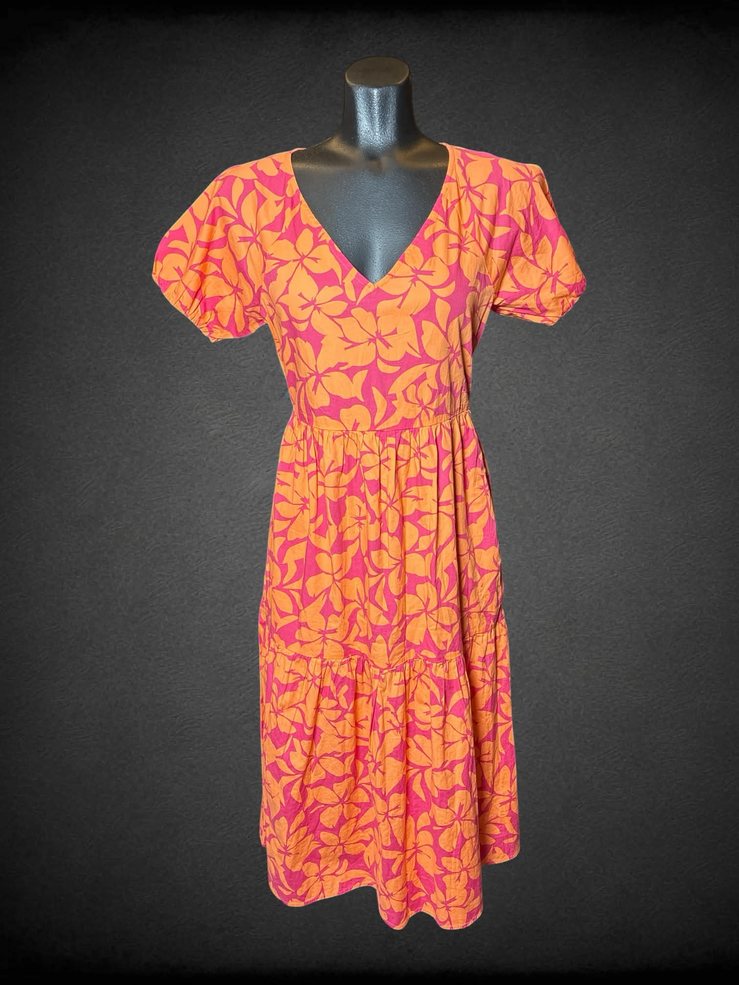 S J.Crew pink dress with orange hibiscus flower pattern, pockets, and zipper on side