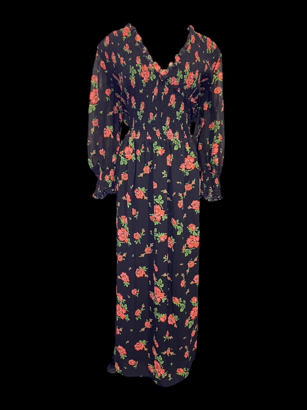 2X Black, red, & green floral print balloon sleeve mock wrap neckline maxi dress w/ shirred bodice