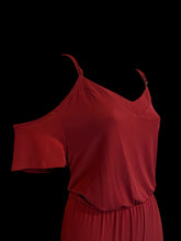Load image into Gallery viewer, L Burgundy short sleeve cold shoulder v-neckline wide leg jumpsuit w/ adjustable straps, &amp; elastic waist
