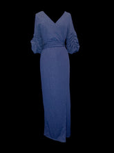 Load image into Gallery viewer, XL Dark blue and silver metallic half sleeve wrap gown w/ ruching details
