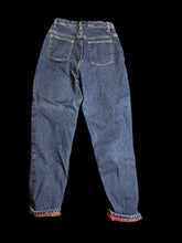 Load image into Gallery viewer, S Vintage 80s dark blue denim high waist taper leg pants w/ red, green, blue, &amp; yellow plaid lining, pockets, belt loops, &amp; button/zipper closure
