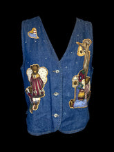 Load image into Gallery viewer, M Blue denim button down vest w/ teddy bear graphics, &amp; clear gem bedazzling
