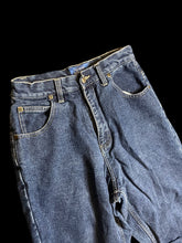 Load image into Gallery viewer, S Vintage 80s dark blue denim high waist taper leg pants w/ red, green, blue, &amp; yellow plaid lining, pockets, belt loops, &amp; button/zipper closure
