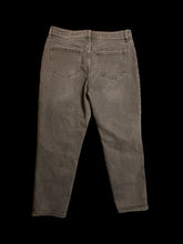 Load image into Gallery viewer, XL Black distressed cotton blend high waist taper leg w/ pockets, belt loops, &amp; button/zipper closure

