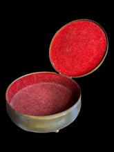 Load image into Gallery viewer, Brass-like circular box w/ light blue stone, hinge lid, &amp; red velvet interior

