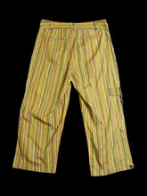Load image into Gallery viewer, L Vintage 90s brown, green, &amp; yellow stripe cotton blend mid-rise straight leg pants w/ zipper pockets, belt loops, &amp; two snap button/zipper closure
