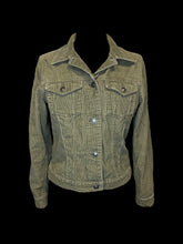 Load image into Gallery viewer, L Olive green cotton corduroy long sleeve button down jacket w/ folded collar, button adjustable hem, button cuffs, &amp; pockets
