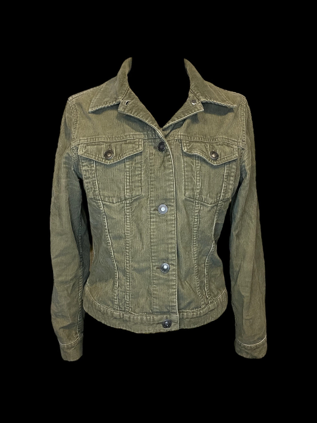 L Olive green cotton corduroy long sleeve button down jacket w/ folded collar, button adjustable hem, button cuffs, & pockets