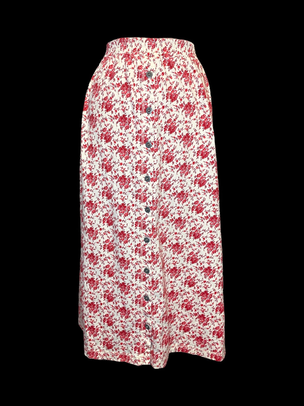 XL Vintage 70s cream & red floral print button down cotton maxi skirt w/ elastic waist