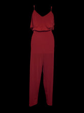 Load image into Gallery viewer, L Burgundy short sleeve cold shoulder v-neckline wide leg jumpsuit w/ adjustable straps, &amp; elastic waist
