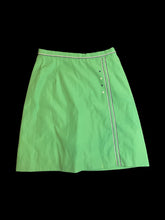 Load image into Gallery viewer, S Vintage 70s green, blue, &amp; white stripe &amp; dot embroidery knee length skirt w/ pocket, &amp; button/zipper closure
