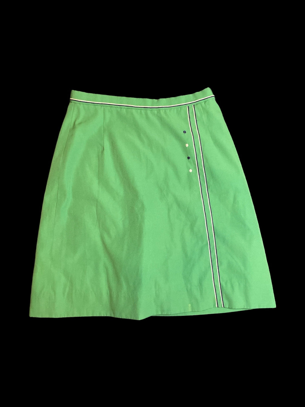 S Vintage 70s green, blue, & white stripe & dot embroidery knee length skirt w/ pocket, & button/zipper closure