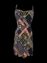 Load image into Gallery viewer, 1X Black, pink, &amp; yellow multi pattern sleeveless v-neckline knee length dress w/adjustable straps, &amp; shirred back
