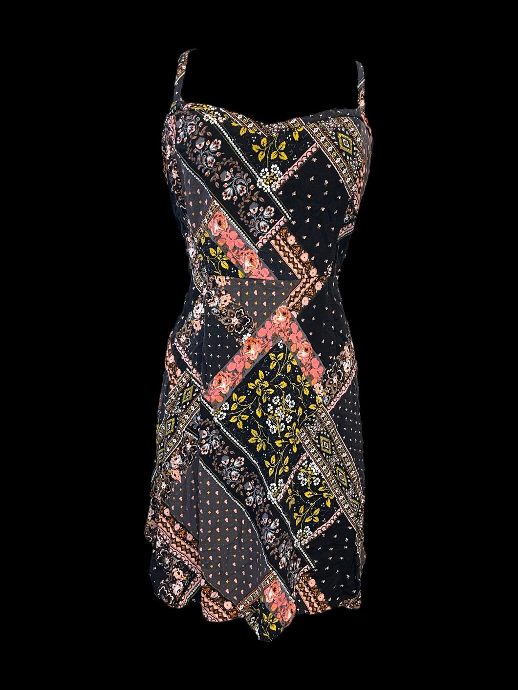1X Black, pink, & yellow multi pattern sleeveless v-neckline knee length dress w/adjustable straps, & shirred back