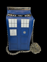 Load image into Gallery viewer, Blue, black, &amp; white TARDIS crossbody bag w/ silver-like chain strap, &amp; magnetic clasp

