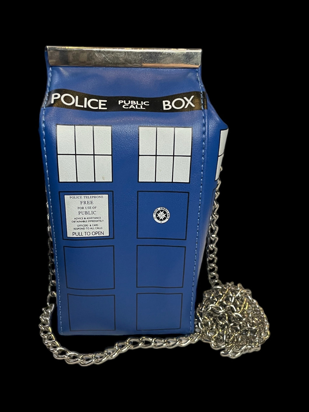 Blue, black, & white TARDIS crossbody bag w/ silver-like chain strap, & magnetic clasp