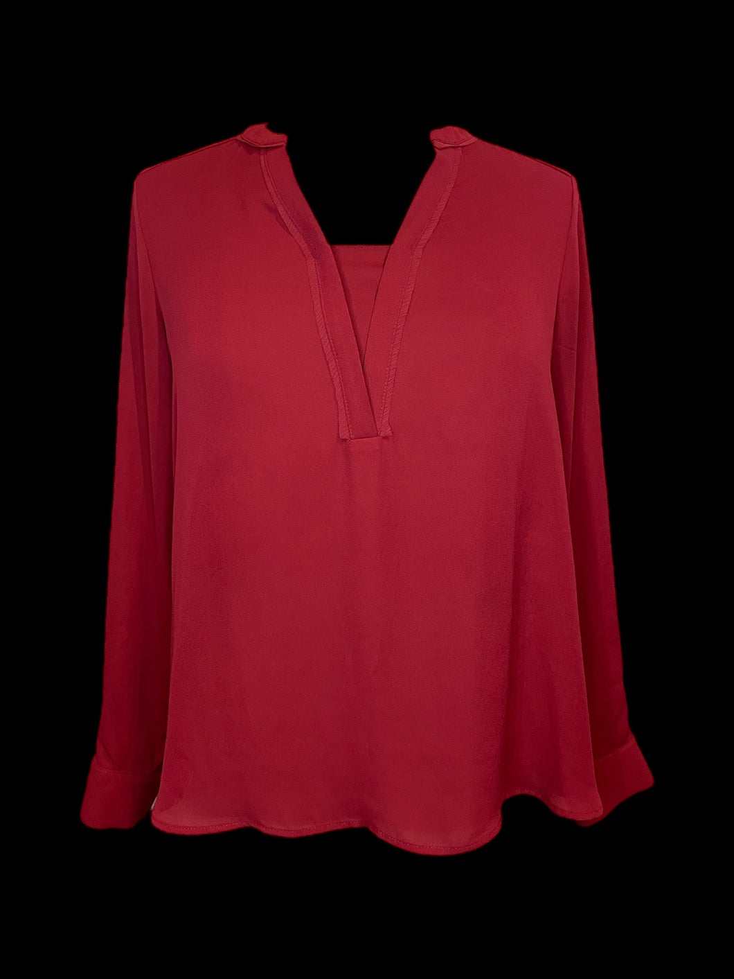 XL Dark red long sleeve mock v-neckline top w/ tab button cuffs