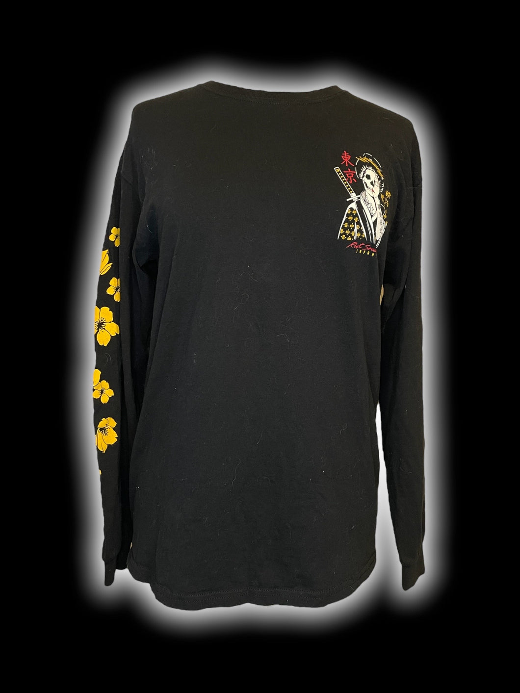 L Black “Riot Society” long sleeve crew neck cotton top w/ multicolor graphic