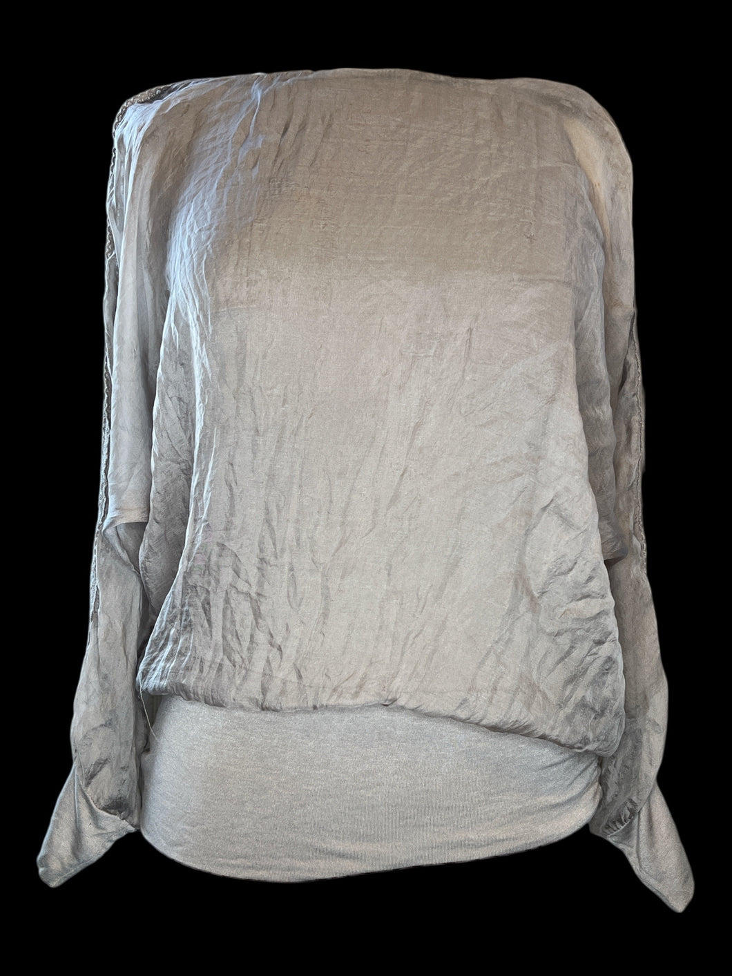 S Taupe balloon sleeve dolman top w/ lace accent, & scoop neck
