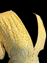 Load image into Gallery viewer, L Yellow, white, &amp; blue ditzy floral pattern puff sleeve v-neckline maxi dress w/ faux button front, attached waist tie, &amp; clasp/zipper closure
