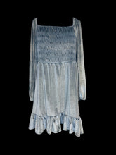 Load image into Gallery viewer, 1X NWT Light blue velvet balloon sleeve square off the shoulder neckline dress mini dress w/ shirred bodice, &amp; ruffle hem
